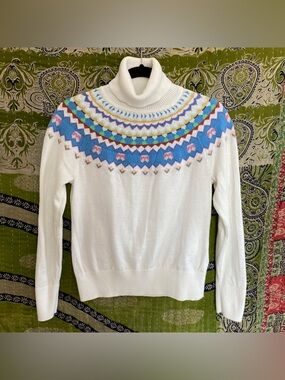 L.L. Bean White Spring Fairisle Cotton/ Cashmere Turtleneck Sweater Size Small P